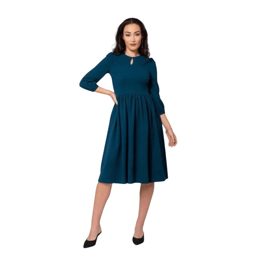 Leota Dress Size 1X Teal Dress "Inman" Keyhole A-Line Preppy Longsleeve